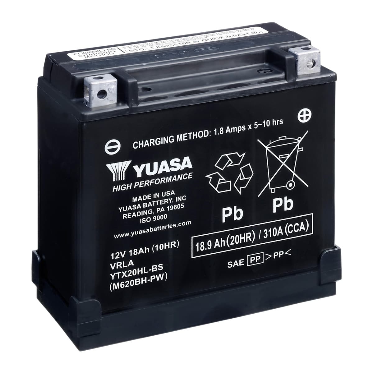 Yuasa YUAM620BH-PW YTX20HL-BS-PW 12V AGM Battery with Acid Pack & PWC Spacer (Made in USA)