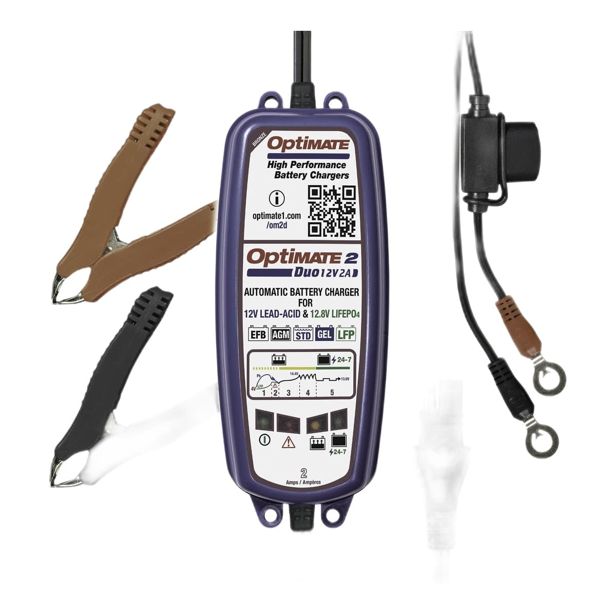 Tecmate OptiMate 2 Duo TM-551 5-Step 12V/12.8V 2A Battery Charger & Maintainer
