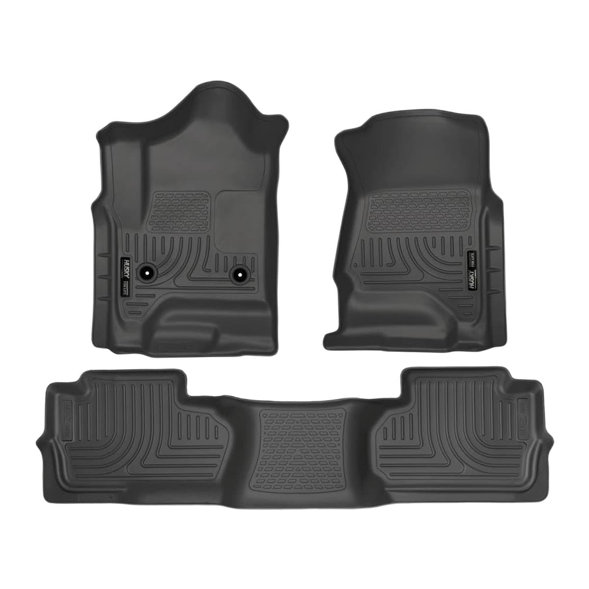 Husky Liners WeatherBeater Front & 2nd Row Floor Liners | 2014-2019 Chevrolet Silverado & GMC Sierra 1500 Double Cab (2019 LD Only); 2015-2019 Silverado/Sierra 2500/3500 Double Cab (Footwell Coverage), Black