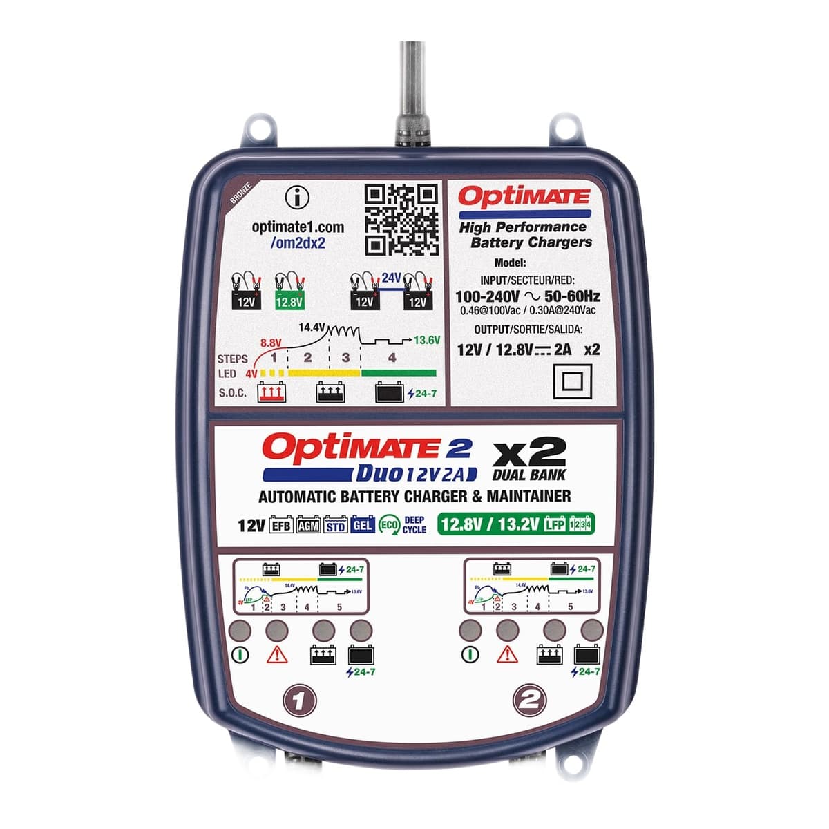 Tecmate OptiMate 2 Duo x2 Bank TM-571 5-Step 12V/12.8V 2A Dual Battery Charger & Maintainer