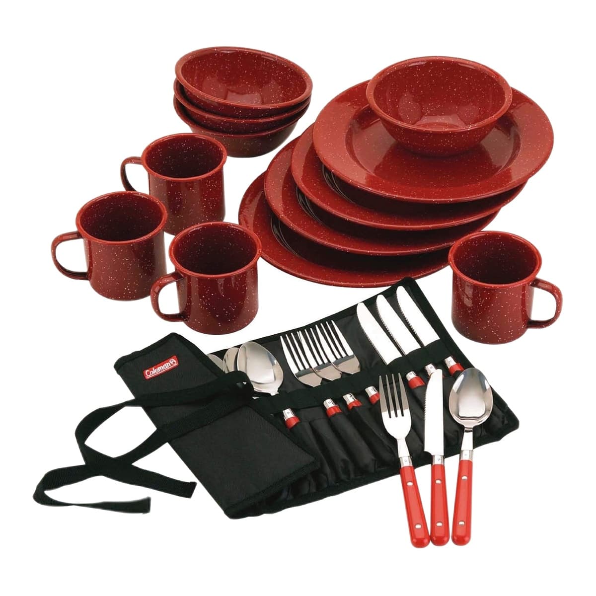 Coleman 24-Piece Enamelware Dinnerware Set for Camp, Red