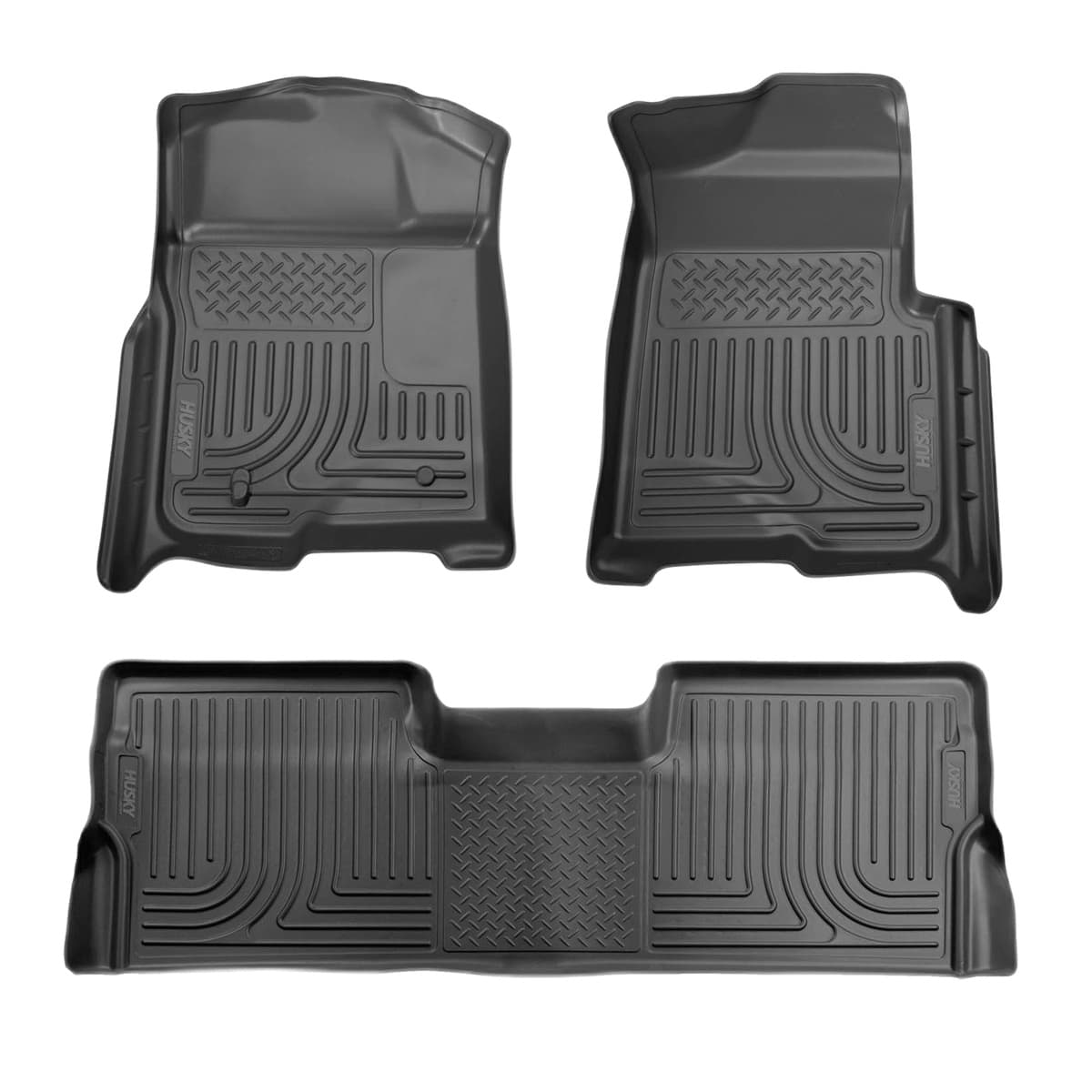 Husky Liners WeatherBeater Front & 2nd Row Floor Liners | 2009-2014 Ford F-150 SuperCrew Cab w/out Manual Shifter (Footwell Coverage), Black
